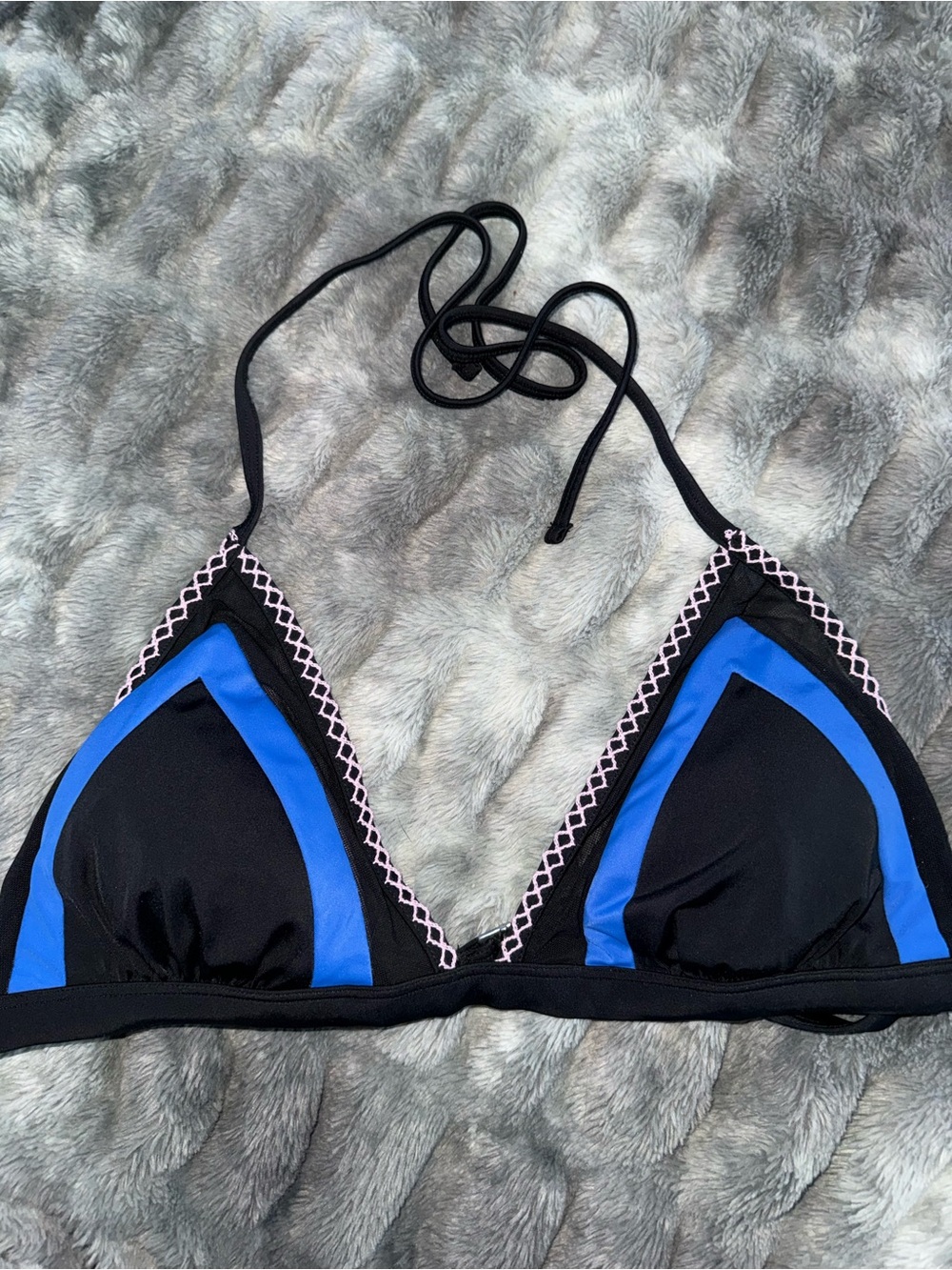 Black & Royal Blue Triangle Bikini Top with Pink Trim